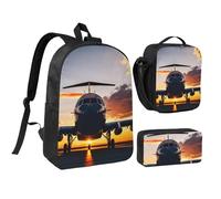 GaxfjRu Aircraft Plane at Sunset - Mochila ligera con estampado de avión al atardecer, mochila escolar de 3 piezas con lonchera y estuche para lápices