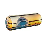 GaxfjRu Aircraft Plane at Sunsets - Estuche redondo de piel sintética, almacenamiento para bolígrafos, lápices, marcadores, suministros pequeños, cremallera de metal con cuero, Gold, Talla única