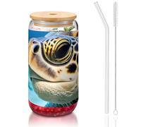 GaxfjRu Big Sea Turtle - Vasos de vidrio de 16 onzas y popote de vidrio, vasos de vidrio más anchos para batidos, té, cola, refrescos