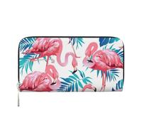 GaxfjRu Billetera larga de piel con estampado de hojas de plantas verdes y flamencos para hombre, aspecto vintage, tarjetero para tarjetas de crédito