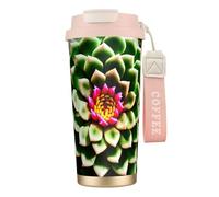 GaxfjRu Blooming - Taza de café aislada con doble tapa y estampado de flores de cactus de 500 ml, vaso térmico de acero inoxidable 316 con popote