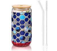 GaxfjRu Blue Hexagons and Diamond - Tapas de vidrio de 16 onzas y popote de vidrio, vasos de vidrio más anchos para batidos, té, cola, refrescos