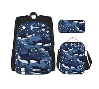 GaxfjRu Blue Killer Whale Print - Mochila escolar de 3 piezas, con bolsa de almuerzo, estuche para lápices, gran capacidad de 17 pulgadas, juego de 3 en 1