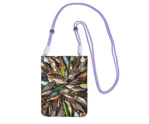 GaxfjRu Bolsa cruzada con estampado de cebo de pesca para teléfono celular, para correr, caminar, senderismo y ciclismo, mini bolsa cruzada con correa de muñeca, Púrpura, Talla única