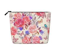 GaxfjRu Bolsa de maquillaje de viaje con estampado de flores y mariposas y rosas con cremallera, organizador de maquillaje para mujer, Negro -, Talla única