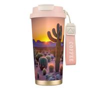 GaxfjRu Cactus Desert Sunsets - Taza de café aislada con doble tapa y popote de 500 ml, acero inoxidable 316, capa interior
