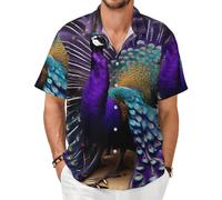 GaxfjRu Camisa hawaiana de pavo real morado para hombre, playa, vacaciones, verano, manga corta, botones, casual, elegante, Negro, L