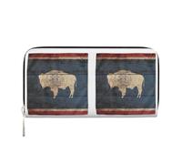 GaxfjRu Cartera larga de piel con diseño de mapa de la bandera del estado de Wyoming, para hombre, con aspecto vintage, tarjetero para tarjetas de crédito