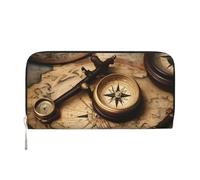 GaxfjRu Cartera larga de piel con estampado de brújula y mapa del mundo antiguo, para hombre, con tarjetero