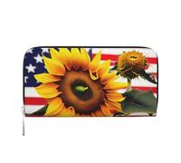 GaxfjRu Cartera larga de piel con estampado de girasol y bandera americana para hombre, estilo vintage, tarjetero para tarjetas de crédito