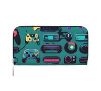 GaxfjRu Cartera larga de piel con estampado de mandos de videojuegos para hombre, aspecto vintage, tarjetero para tarjetas de crédito