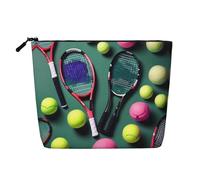 GaxfjRu Divertida bolsa de maquillaje con estampado de raquetas de tenis y pelotas de tenis, bolsa de aseo con cremallera, organizador de maquillaje para mujer, Negro -, Talla única