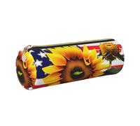 GaxfjRu Estuche de piel con cremallera para bolígrafos y lápices, diseño de girasol y bandera americana