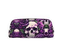 GaxfjRu Estuche portátil tridimensional de piel con diseño de calavera de rosas moradas, bolsa de maquillaje de poliéster con forro de PVC, monedero, estuche especial