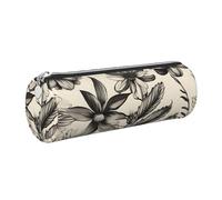 GaxfjRu Estuche redondo de piel sintética con diseño botánico de hierbas florales, almacenamiento para bolígrafos, lápices, marcadores, suministros pequeños, cremallera de metal con cuero, Silver