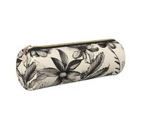 GaxfjRu Estuche redondo de piel sintética con diseño botánico de hierbas florales, almacenamiento para bolígrafos, lápices, marcadores, suministros pequeños, cremallera de metal con cuero, Gold, Talla