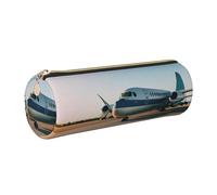 GaxfjRu Estuche redondo de piel sintética con diseño de avión para guardar bolígrafos, lápices, marcadores, suministros pequeños, cremallera de metal con cuero, Gold, Talla única, Tarjetero