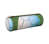 GaxfjRu Estuche redondo de piel sintética con diseño de balón de fútbol verde sobre hierba, almacenamiento para bolígrafos, lápices, marcadores, suministros pequeños, cremallera de metal con cuero