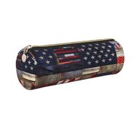 GaxfjRu Estuche redondo de piel sintética con diseño de bandera americana, almacenamiento para bolígrafos, lápices, marcadores, suministros pequeños, cremallera de metal con cuero, Gold, Talla única