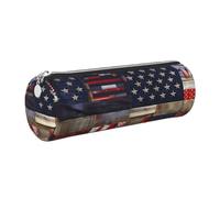 GaxfjRu Estuche redondo de piel sintética con diseño de bandera americana, almacenamiento para bolígrafos, lápices, marcadores, suministros pequeños, cremallera de metal con cuero, Silver, Talla única