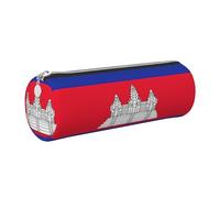 GaxfjRu Estuche redondo de piel sintética con diseño de bandera de Camboya, almacenamiento para bolígrafos, lápices, marcadores, suministros pequeños, cremallera de metal con cuero, Silver, Talla
