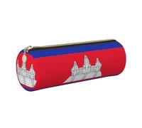 GaxfjRu Estuche redondo de piel sintética con diseño de bandera de Camboya, almacenamiento para bolígrafos, lápices, marcadores, suministros pequeños, cremallera de metal con cuero, Gold, Talla única
