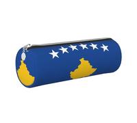 GaxfjRu Estuche redondo de piel sintética con diseño de bandera de Kosovo, almacenamiento para bolígrafos, lápices, marcadores, suministros pequeños, cremallera de metal con piel, Silver, Talla única