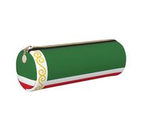 GaxfjRu Estuche redondo de piel sintética con diseño de bandera de la República de Chechenia, almacenamiento para bolígrafos, lápices, marcadores, suministros pequeños, cremallera de metal con cuero