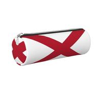 GaxfjRu Estuche redondo de piel sintética con diseño de bandera del estado de Alabama, almacenamiento para bolígrafos, lápices, marcadores, suministros pequeños, cremallera de metal con cuero, Silver