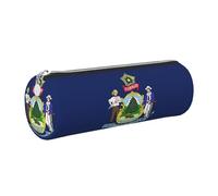 GaxfjRu Estuche redondo de piel sintética con diseño de bandera del estado de Maine, almacenamiento para bolígrafos, lápices, marcadores, suministros pequeños, cremallera de metal con cuero, Silver