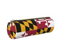 GaxfjRu Estuche redondo de piel sintética con diseño de bandera del estado de Maryland, almacenamiento para bolígrafos, lápices, marcadores, suministros pequeños, cremallera de metal con cuero, Gold