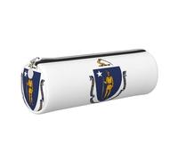 GaxfjRu Estuche redondo de piel sintética con diseño de bandera del estado de Massachusetts, almacenamiento para bolígrafos, lápices, marcadores, suministros pequeños, cremallera de metal con cuero