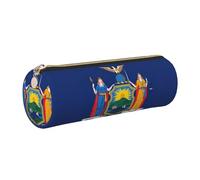 GaxfjRu Estuche redondo de piel sintética con diseño de bandera del estado de Nueva York, almacenamiento para bolígrafos, lápices, marcadores, suministros pequeños, cremallera de metal con cuero, Gold