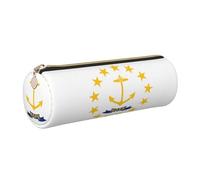GaxfjRu Estuche redondo de piel sintética con diseño de bandera del estado de Rhode Island, almacenamiento para bolígrafos, lápices, marcadores, suministros pequeños, cremallera de metal con cuero