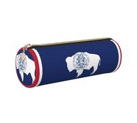 GaxfjRu Estuche redondo de piel sintética con diseño de bandera del estado de Wyoming, almacenamiento para bolígrafos, lápices, marcadores, suministros pequeños, cremallera de metal con cuero, Gold