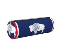 GaxfjRu Estuche redondo de piel sintética con diseño de bandera del estado de Wyoming, almacenamiento para bolígrafos, lápices, marcadores, suministros pequeños, cremallera de metal con cuero, Silver