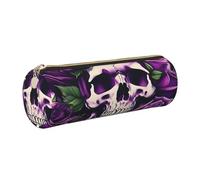 GaxfjRu Estuche redondo de piel sintética con diseño de calavera de rosas moradas, almacenamiento para bolígrafos, lápices, marcadores, suministros pequeños, cremallera de metal con cuero, Gold, Talla