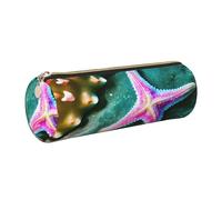 GaxfjRu Estuche redondo de piel sintética con diseño de estrella de mar de mar, almacenamiento para bolígrafos, lápices, marcadores, suministros pequeños, cremallera de metal con cuero, Gold, Talla
