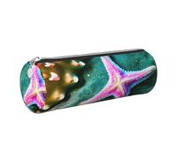 GaxfjRu Estuche redondo de piel sintética con diseño de estrella de mar de mar, almacenamiento para bolígrafos, lápices, marcadores, suministros pequeños, cremallera de metal con cuero, Silver, Talla