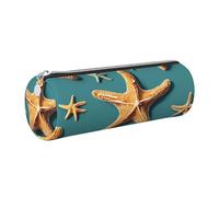 GaxfjRu Estuche redondo de piel sintética con diseño de estrella de mar de playa, almacenamiento para bolígrafos, lápices, marcadores, suministros pequeños, cremallera de metal con cuero, Silver