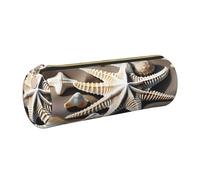GaxfjRu Estuche redondo de piel sintética con diseño de estrella de mar y concha de mar para guardar bolígrafos, lápices, marcadores, suministros pequeños, cremallera de metal con piel, Gold, Talla