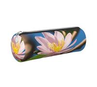 GaxfjRu Estuche redondo de piel sintética con diseño de flor de almendro de color rosa - Almacenamiento para bolígrafos, lápices, marcadores, suministros pequeños, cremallera de metal con piel, Silver