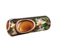 GaxfjRu Estuche redondo de piel sintética con diseño de flor verde azulado sobre tablones de madera, almacenamiento para bolígrafos, lápices, marcadores, suministros pequeños, cremallera de metal con