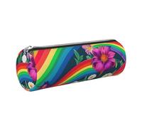 GaxfjRu Estuche redondo de piel sintética con diseño de flores de arco iris, almacenamiento para bolígrafos, lápices, marcadores, suministros pequeños, cremallera de metal con cuero, Silver, Talla