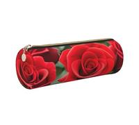GaxfjRu Estuche redondo de piel sintética con diseño de flores de rosas rojas, almacenamiento para bolígrafos, lápices, marcadores, suministros pequeños, cremallera de metal con cuero, Gold, Talla