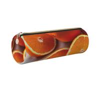 GaxfjRu Estuche redondo de piel sintética con diseño de frutas de naranja fresca, almacenamiento para bolígrafos, lápices, marcadores, suministros pequeños, cremallera de metal con cuero, Gold, Talla
