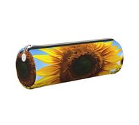 GaxfjRu Estuche redondo de piel sintética con diseño de girasol amarillo, almacenamiento para bolígrafos, lápices, marcadores, suministros pequeños, cremallera de metal con cuero, Silver, Talla única