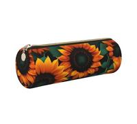 GaxfjRu Estuche redondo de piel sintética con diseño de girasol naranja, almacenamiento para bolígrafos, lápices, marcadores, suministros pequeños, cremallera de metal con piel, Gold, Talla única