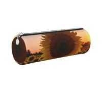 GaxfjRu Estuche redondo de piel sintética con diseño de girasol y puesta de sol, almacenamiento para bolígrafos, lápices, marcadores, suministros pequeños, cremallera de metal con cuero, Silver, Talla