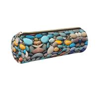 GaxfjRu Estuche redondo de piel sintética con diseño de guijarros de colores de playa, almacenamiento para bolígrafos, lápices, marcadores, suministros pequeños, cremallera de metal con cuero, Gold